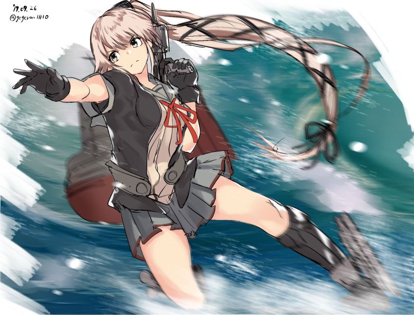 1girl black_gloves black_jacket brown_eyes commentary_request dated gegeron gloves grey_sailor_collar grey_skirt gun hair_flaps highres jacket kantai_collection long_hair machinery motion_blur neck_ribbon pink_hair red_ribbon remodel_(kantai_collection) ribbon sailor_collar school_uniform serafuku short_sleeves side_ponytail skirt solo twitter_username very_long_hair weapon yura_(kantai_collection)
