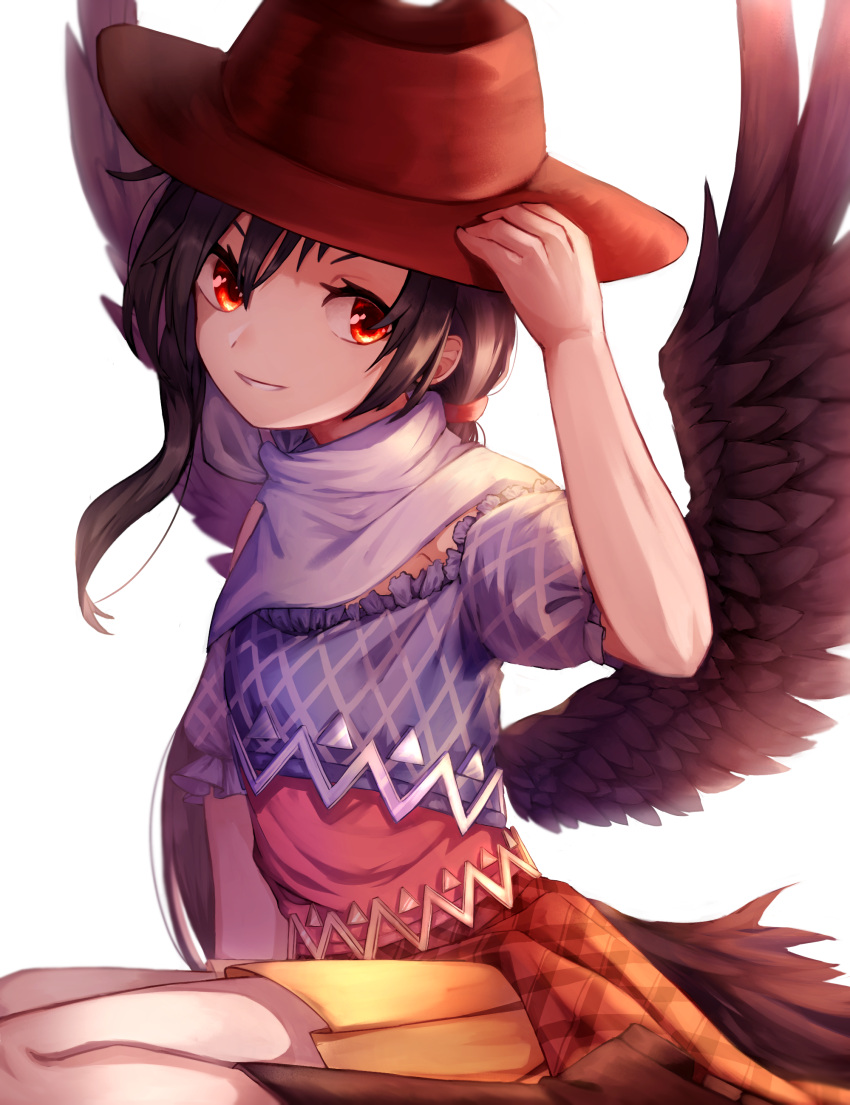 1girl absurdres arm_up bangs black_hair black_wings blue_shirt boots brown_footwear brown_headwear brown_skirt commentary cowboy_hat feathered_wings grin hair_between_eyes hand_on_headwear hat highres kurokoma_saki looking_at_viewer mozuno_(mozya_7) off_shoulder plaid pleated_skirt puffy_short_sleeves puffy_sleeves red_eyes shirt short_hair short_sleeves simple_background sitting skirt smile solo tail touhou wariza white_background wings
