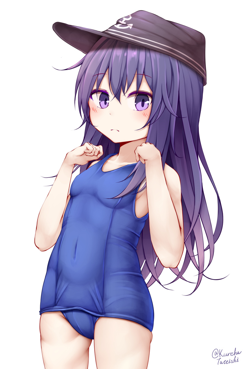 1girl absurdres akatsuki_(kantai_collection) anchor_symbol bangs bare_arms bare_shoulders black_headwear blue_swimsuit blush breasts closed_mouth collarbone commentary_request eyebrows_visible_through_hair flat_cap hair_between_eyes hamayuu_(litore) hands_up hat highres kantai_collection long_hair looking_at_viewer old_school_swimsuit one-piece_swimsuit purple_hair school_swimsuit simple_background small_breasts solo swimsuit twitter_username very_long_hair violet_eyes white_background