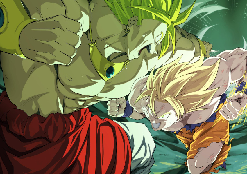2boys after_(artist) aura blonde_hair bracelet broly clenched_hands clenched_teeth dragon_ball earrings green_eyes highres jewelry legendary_super_saiyan long_hair male_focus motion_blur multiple_boys muscle necklace open_mouth punching son_gokuu spiky_hair super_saiyan teeth torn_clothes white_eyes yellow_pupils