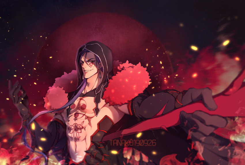 1boy abs black_cape black_gloves blue_hair cape chest_tattoo cu_chulainn_alter_(fate/grand_order) earrings facial_tattoo fate/grand_order fate_(series) gae_bolg gloves grin hair_over_shoulder highres holding holding_spear holding_weapon hood jewelry lancer long_hair looking_at_viewer male_focus monster_boy muscle polearm ponytail red_eyes smile solo spear spikes tanako_(645316096) tattoo upper_body weapon