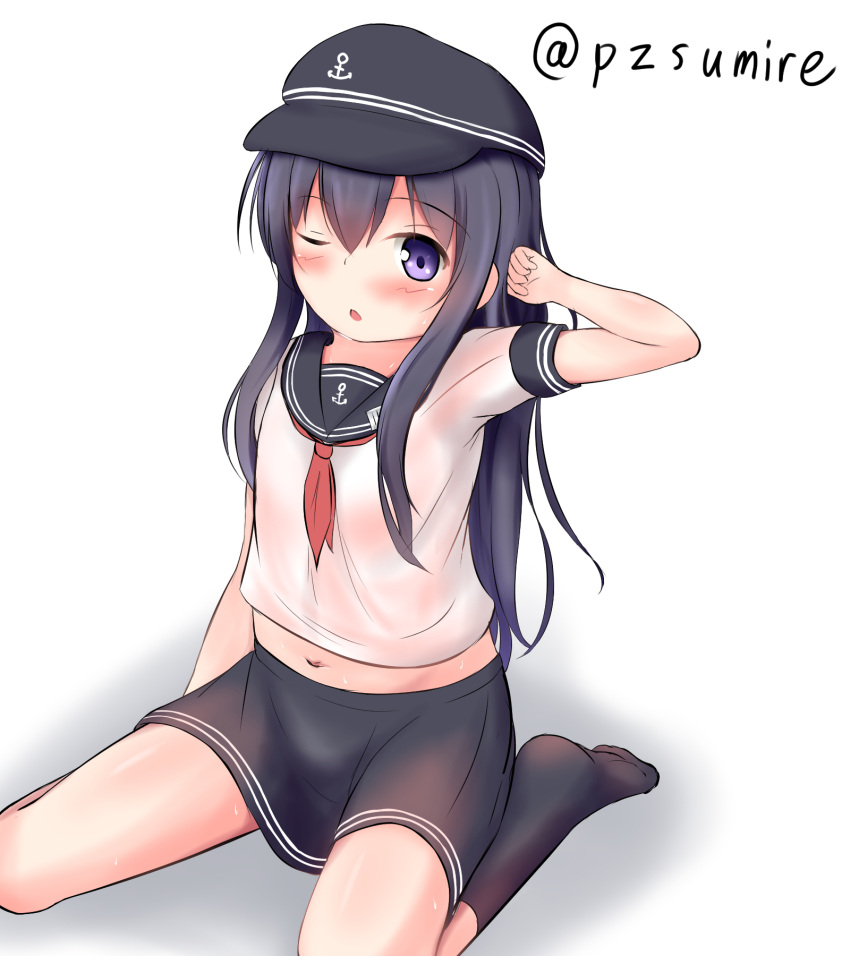 1girl akatsuki_(kantai_collection) arm_up blue_eyes blue_hair hat highres kantai_collection long_hair looking_at_viewer neckerchief one_eye_closed open_mouth pzsumire school_uniform see-through serafuku sitting skirt solo sweat wariza