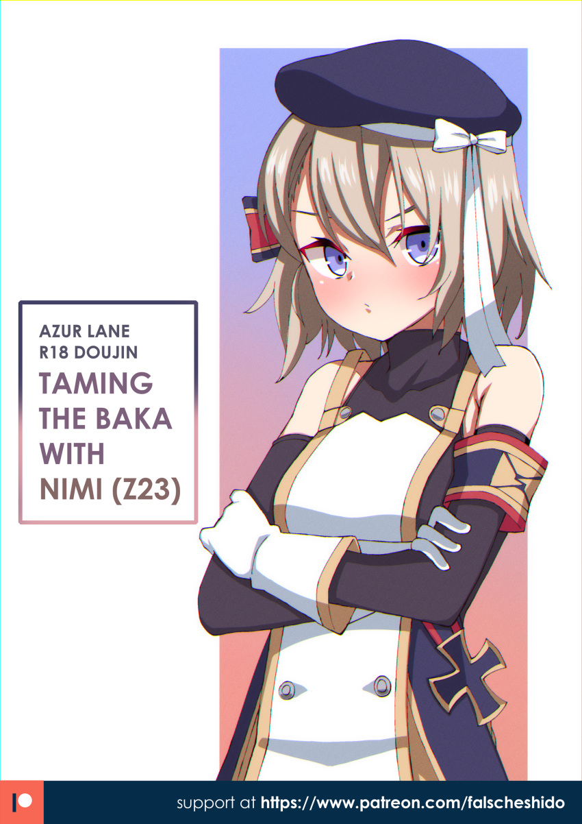 1girl absurdres azur_lane bangs bare_shoulders beret black_shorts blush bodysuit bow cover cover_page doujin_cover doujinshi elbow_gloves falsche.shido gloves hair_ornament hat hat_bow highres looking_at_viewer platinum_blonde_hair short_hair shorts solo violet_eyes white_gloves z23_(azur_lane)