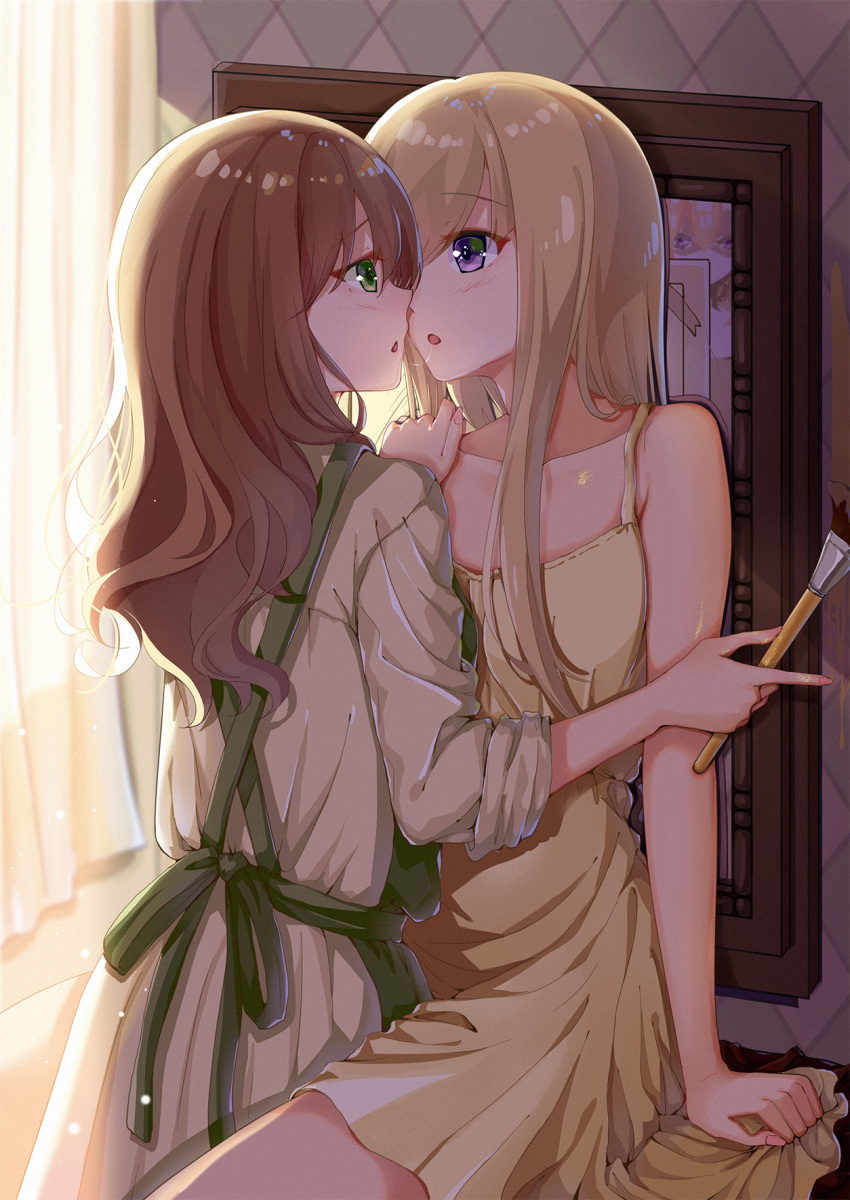 2girls after_kiss apron blonde_hair brown_hair commentary_request curtains dress eye_contact fingernails green_apron green_eyes hand_on_another's_shoulder highres long_hair looking_at_another mahou_shounen multiple_girls original paintbrush saliva saliva_trail sitting standing violet_eyes white_dress yellow_camisole yuri