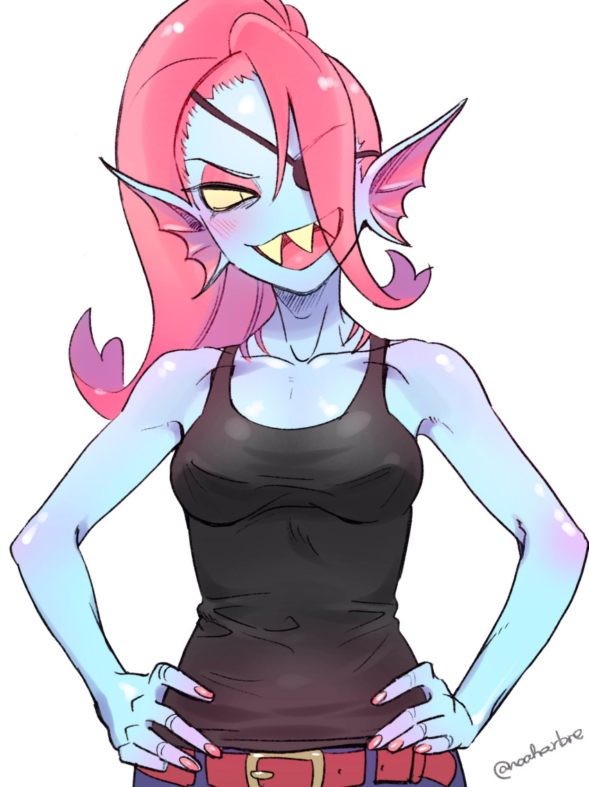 1girl blue_skin blush eyepatch head_fins highres long_hair looking_at_viewer monster_girl noaharbre open_mouth ponytail redhead sharp_teeth shirt simple_background smile solo tank_top teeth undertale undyne white_background yellow_sclera yellow_skin yellow_teeth