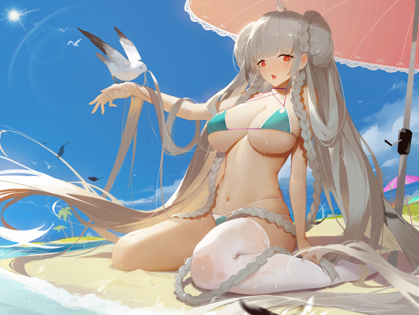 1girl :o absurdres animal animal_on_head aqua_bikini arm_up azur_lane bangs bare_shoulders beach beach_umbrella bikini bird bird_on_head blunt_bangs blush braid breasts bright_pupils cubies_(tiger_205) double_bun eyebrows_visible_through_hair formidable_(azur_lane) formidable_(the_lady_of_the_beach)_(azur_lane) highres large_breasts lens_flare long_hair looking_at_viewer multi-strapped_bikini navel on_ground on_head open_mouth palm_tree red_eyes seagull silver_hair single_thighhigh sitting skindentation solo stomach sun sweat swimsuit thigh-highs tree twin_braids umbrella under_boob very_long_hair wariza white_legwear