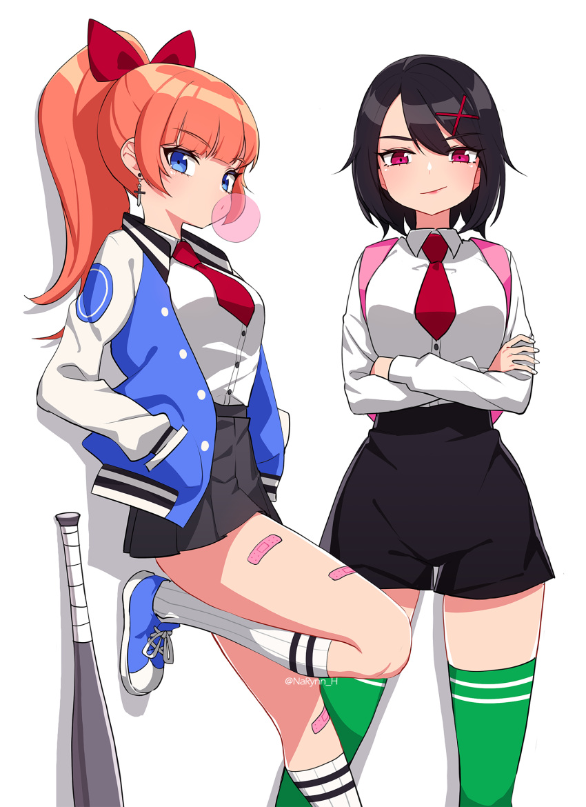 2girls artist_name bag bandaid bangs baseball_bat black_hair blue_eyes blunt_bangs bow bubble chewing_gum collared_shirt cross cross_earrings crossed_arms earrings eyebrows_visible_through_hair full_body hair_bow hair_ornament half-closed_eyes hands_in_pockets highres jacket jewelry kunio-kun_series kyoko_(kunio-kun) letterman_jacket long_sleeves looking_at_viewer misako_(kunio-kun) multiple_girls narynn necktie open_clothes open_jacket orange_hair ponytail river_city_girls school_uniform shirt shoes shorts simple_background skirt smile socks violet_eyes white_background x_hair_ornament