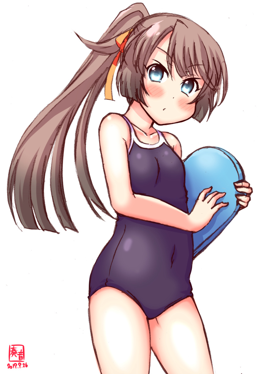 1girl alternate_costume artist_logo black_swimsuit blush brown_hair commentary_request competition_school_swimsuit contrapposto cowboy_shot dated grey_eyes hair_ribbon highres kanon_(kurogane_knights) kantai_collection kazagumo_(kantai_collection) kickboard long_hair looking_at_viewer ponytail pout revision ribbon school_swimsuit simple_background solo swimsuit tsurime white_background
