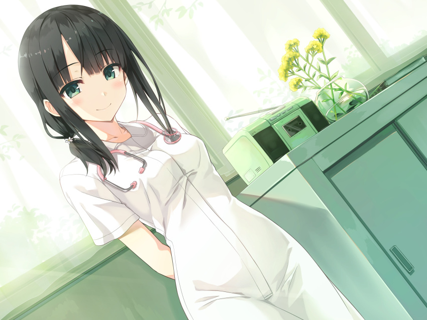 1girl arishima_alice arms_behind_back bangs black_hair blunt_bangs blush book breasts clinic closed_mouth collarbone cura curtains day doctor dress dutch_angle eyebrows_visible_through_hair flower green_eyes hair_flower hair_ornament highres indoors looking_at_viewer medium_hair monobeno older plant potted_plant short_sleeves sidelocks smile solo stereo stethoscope white_dress window yellow_flower