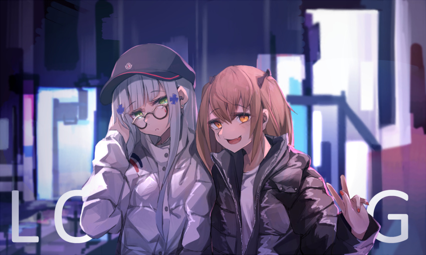 2girls 404_logo_(girls_frontline) blue_hair brown_hair girls_frontline highres hk416_(girls_frontline) hood hooded_jacket jacket mimikaki miyabino_(miyabi1616) multiple_girls scar scar_across_eye twintails ump9_(girls_frontline)