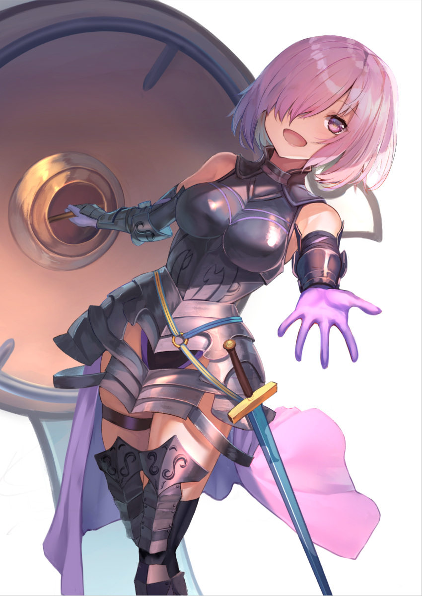 1girl :d arm_guards armored_leotard bare_shoulders black_legwear black_leotard commentary_request dutch_angle elbow_gloves eyebrows_visible_through_hair fate/grand_order fate_(series) feet_out_of_frame gloves hair_over_one_eye highres holding_shield hopepe impossible_clothes impossible_leotard leotard mash_kyrielight o-ring open_mouth outstretched_arm outstretched_hand pink_gloves pink_hair pov sheath sheathed shield short_hair simple_background smile solo standing sword thigh-highs thigh_strap vambraces violet_eyes weapon white_background