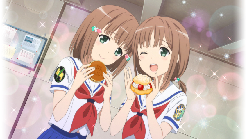 2girls blush brown_hair character_request food game_cg green_eyes hair_bobbles hair_ornament hairclip high_school_fleet highres looking_at_viewer multiple_girls official_art one_eye_closed open_mouth school_uniform short_hair siblings sparkle sweets twins
