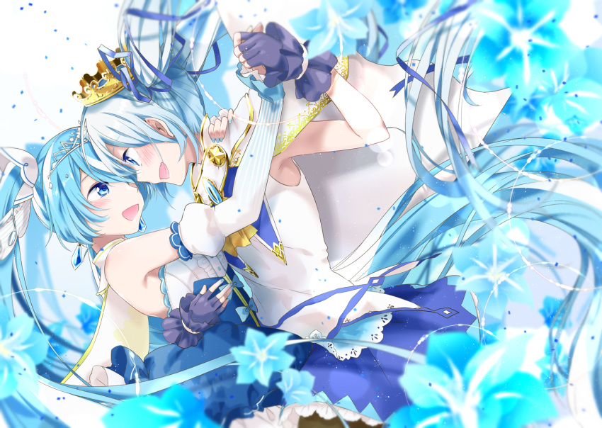 2girls agonasubi amulet aqua_eyes aqua_hair aqua_nails arm_around_waist armpits bare_shoulders beamed_eighth_notes black_legwear blue_dress blurry_foreground blush bow bowtie cape capelet crown dancing detached_sleeves dress dual_persona fingerless_gloves flower forehead-to-forehead framed_breasts frilled_dress frilled_sleeves frills from_side gloves gold_trim hair_ornament hair_ribbon hatsune_miku holding_hands lily_(flower) long_hair multiple_girls musical_note musical_note_hair_ornament nail_polish open_mouth pantyhose princess puffy_sleeves purple_gloves ribbon shirt sleeveless sleeveless_shirt smile star tiara twintails upper_body very_long_hair vocaloid yuki_miku yuki_miku_(2014) yuki_miku_(2019) yuri