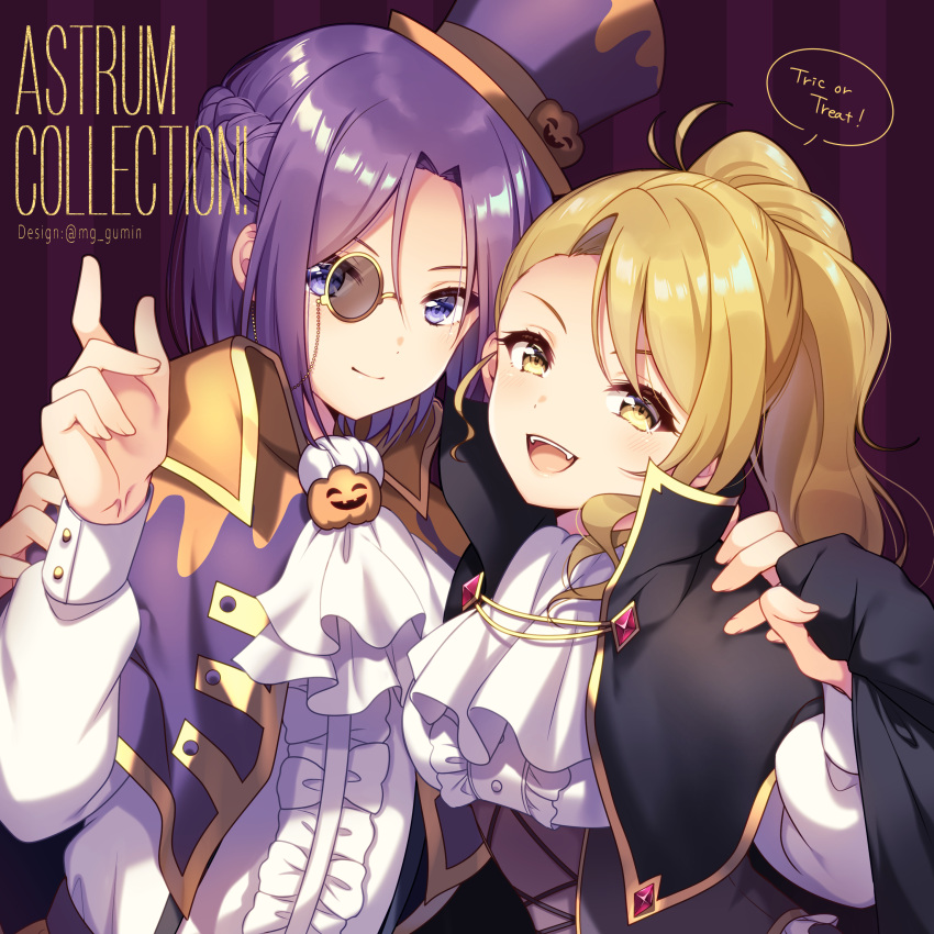 2girls :d absurdres ascot asymmetrical_bangs bangs black_capelet braid breasts capelet center_frills christina_morgan closed_mouth commentary_request eyebrows_behind_hair fangs fingernails frills hand_up hat highres ichiren_namiro index_finger_raised long_sleeves medium_breasts monocle multiple_girls open_mouth parted_bangs princess_connect! princess_connect!_re:dive puffy_long_sleeves puffy_sleeves purple_background purple_hair purple_headwear shirogane_jun shirt smile striped striped_background tilted_headwear top_hat underbust upper_body upper_teeth vertical-striped_background vertical_stripes violet_eyes white_neckwear white_shirt