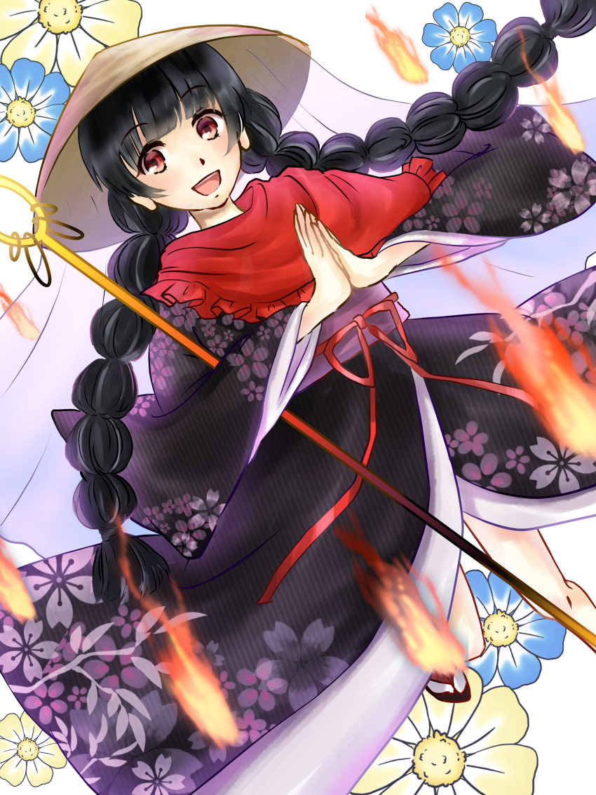 1girl absurdres ajirogasa amafumi bangs black_hair black_kimono braid commentary_request eyebrows_visible_through_hair fire floral_print flower hands_together hat highres japanese_clothes kimono looking_at_viewer obi open_mouth print_kimono red_eyes red_ribbon ribbon sash smile solo tabi touhou twin_braids wide_sleeves yatadera_narumi