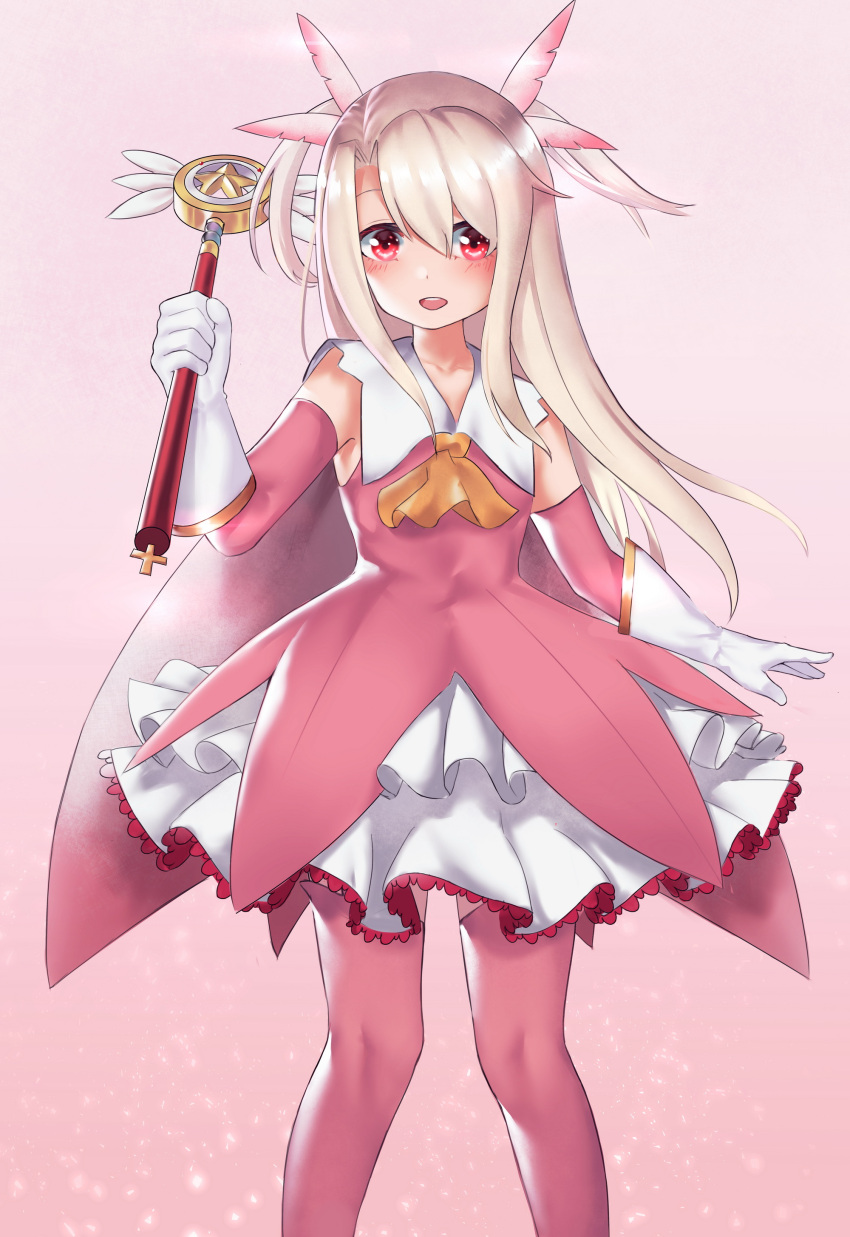 1girl absurdres bare_shoulders blonde_hair blush collarbone commentary_request detached_sleeves dress fate/grand_order fate/kaleid_liner_prisma_illya fate_(series) frills gloves highres holding holding_staff illyasviel_von_einzbern jmao long_hair magical_girl open_mouth pink_dress pink_legwear red_eyes smile solo staff thigh-highs white_background white_gloves