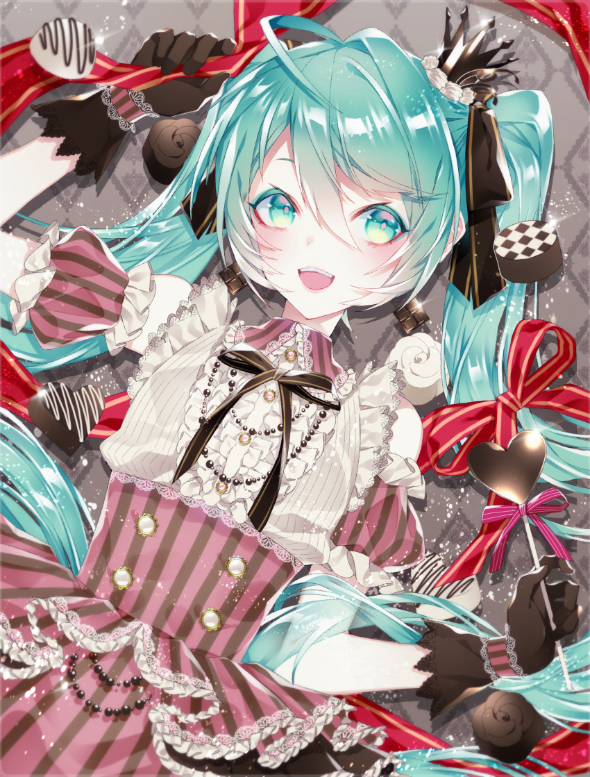 1055 1girl :d absurdres ahoge aqua_eyes aqua_hair beige_shirt black_gloves black_ribbon buttons candy center_frills chocolate collared_shirt commentary crown detached_sleeves food frilled_shirt_collar frilled_sleeves frills gloves hair_between_eyes hair_ribbon hand_up hatsune_miku heart-shaped_food heart_lollipop high-waist_skirt highres holding holding_food jewelry lace lace-trimmed_gloves light_particles lollipop long_hair mini_crown neck_ribbon necklace open_mouth pink_skirt puffy_detached_sleeves puffy_short_sleeves puffy_sleeves red_ribbon ribbon shirt short_sleeves skirt smile solo striped tilted_headwear twintails upper_body valentine vertical-striped_skirt vertical_stripes vocaloid