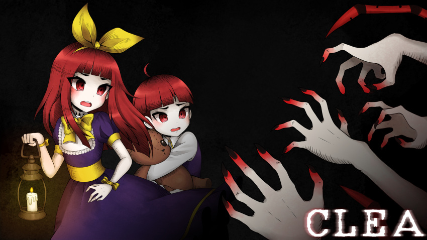 1boy 1girl ahoge bangs black_background black_nails blood bloody_hands blunt_bangs blush candle clea_(clea) clea_(game) collared_shirt copyright_name d: dress edmond_(clea) fingernails fire furrowed_eyebrows highres holding holding_lantern invertmouse lantern object_hug official_art open_mouth pale_skin puffy_short_sleeves puffy_sleeves purple_dress red_eyes redhead sharp_fingernails shirt short_hair short_sleeves stuffed_animal stuffed_toy teddy_bear yellow_neckwear