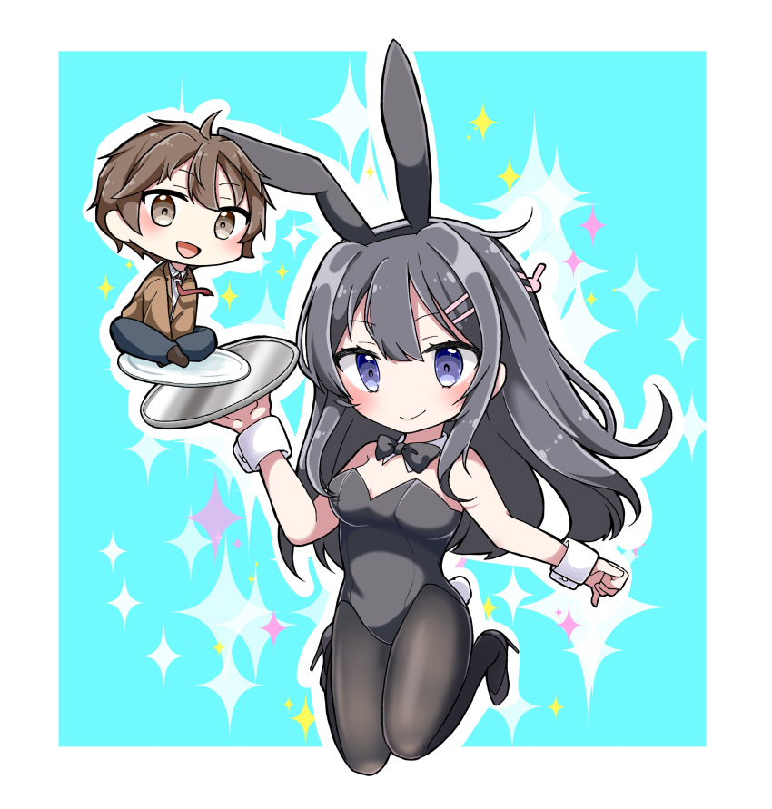 1boy 1girl :d absurdres animal_ears azusagawa_sakuta bangs bare_shoulders between_legs black_footwear black_hair black_hairband black_legwear black_leotard black_neckwear blue_background blue_pants blush bow bowtie breasts brown_eyes brown_hair brown_jacket brown_legwear bunny_girl bunny_hair_ornament bunny_tail bunnysuit chibi closed_mouth collar collared_shirt commentary_request detached_collar eyebrows_visible_through_hair fake_animal_ears full_body hair_between_eyes hair_ornament hairband hairclip hand_between_legs high_heels highres holding holding_tray jacket jako_(jakoo21) leotard long_hair looking_at_viewer medium_breasts necktie open_mouth outline pants pantyhose plate rabbit_ears red_neckwear sakurajima_mai seishun_buta_yarou shirt shoes smile socks sparkle_background strapless strapless_leotard tail tray two-tone_background very_long_hair violet_eyes white_background white_collar white_outline white_shirt wrist_cuffs