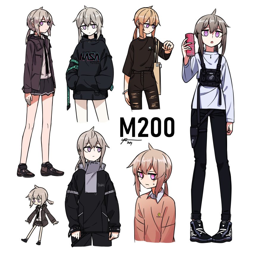 6+girls absurdres alternate_costume alternate_hair_color brown_hair character_name girls_frontline grey_hair highres hood hoodie long_legs m200_(girls_frontline) monster_energy multiple_girls multiple_persona nasa pants shoes skirt sneakers sweater tin_can torn_clothes torn_pants waffle_drink