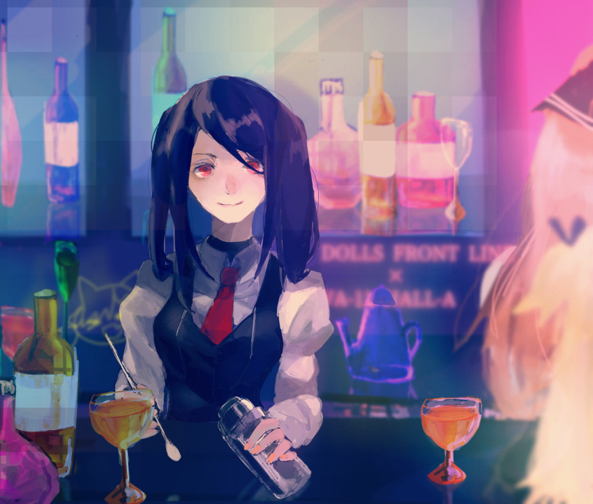 3girls alcohol artist_request bar bartender bottle cocktail_shaker commentary_request copyright_name cup drinking_glass girls_frontline highres idw_(girls_frontline) jill_stingray m1903_springfield_(girls_frontline) multiple_girls necktie out_of_frame purple_hair red_eyes smile super_shorty_(girls_frontline) va-11_hall-a wine wine_bottle wine_glass