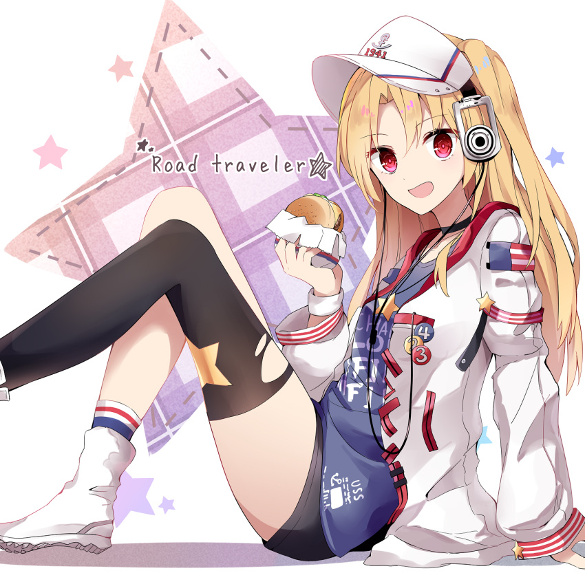1girl :d aa_(sin2324) azur_lane bangs black_choker black_legwear black_shorts blue_legwear blue_shirt blush boots choker cleveland_(azur_lane) collarbone commentary_request english_text eyebrows_visible_through_hair food hair_between_eyes hamburger headphones highres holding holding_food jacket long_hair long_sleeves looking_at_viewer open_clothes open_jacket open_mouth parted_bangs puffy_long_sleeves puffy_sleeves red_eyes shirt short_shorts shorts single_sock single_thighhigh sleeves_past_wrists smile socks solo star thigh-highs very_long_hair visor_cap white_footwear white_headwear white_jacket