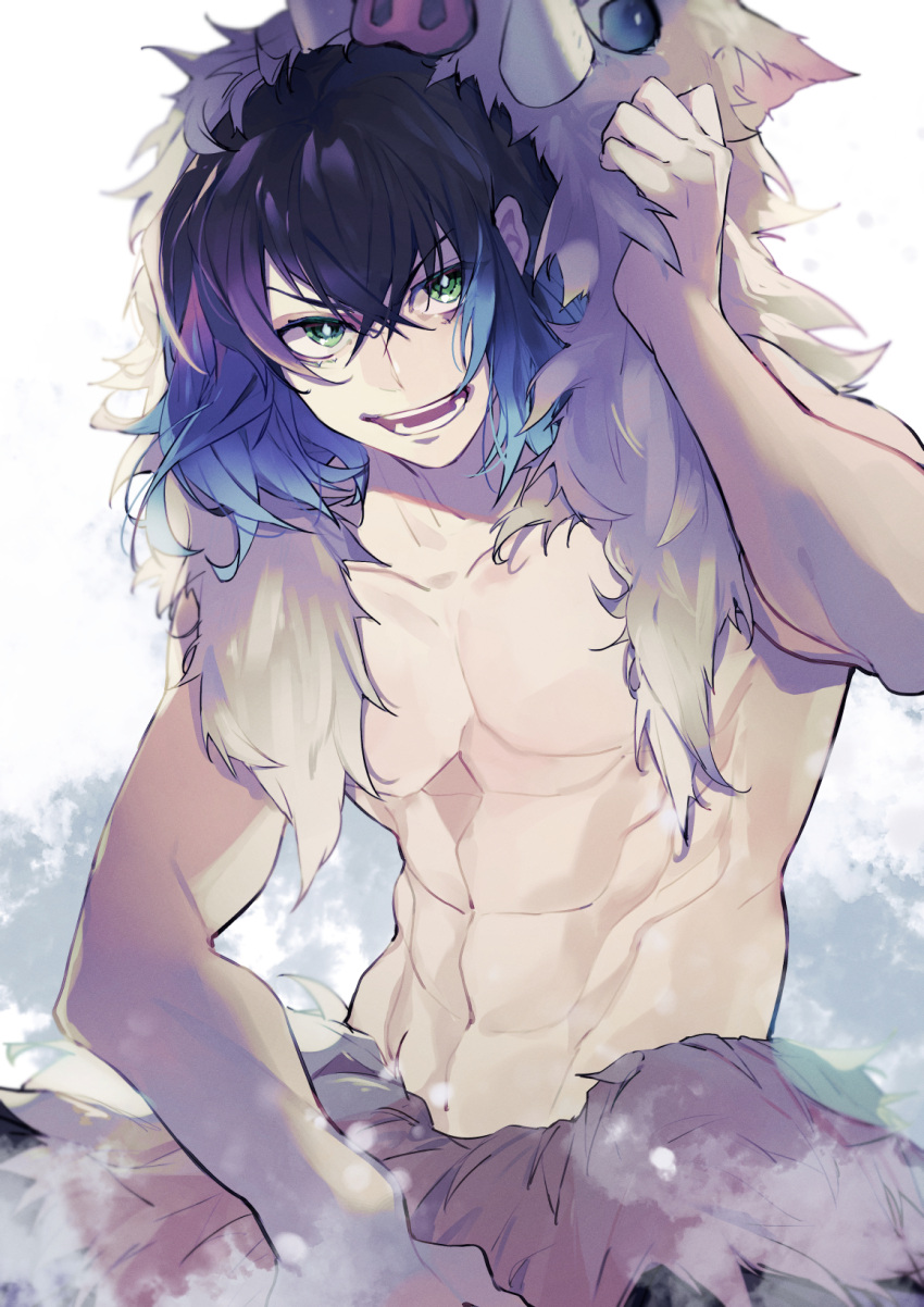 1boy black_hair fur gradient_hair green_eyes hashibira_inosuke highres kimetsu_no_yaiba looking_at_viewer male_focus multicolored_hair muscle open_mouth shirtless short_hair sitting solo sou_230 teeth white_background