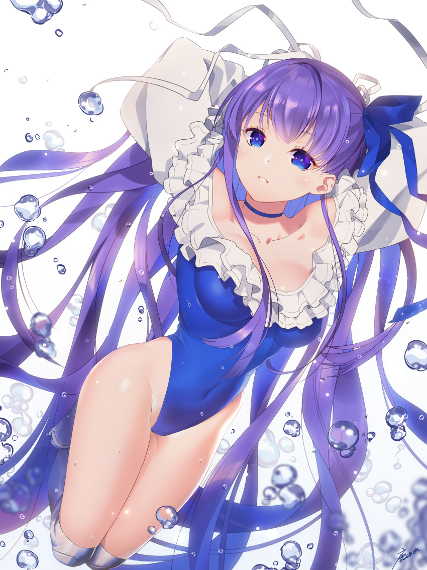 1girl absurdres air_bubble alternate_breast_size arms_behind_head arms_up bangs bare_shoulders blue_eyes blue_ribbon blue_swimsuit breasts bubble choker collarbone covered_navel fate/grand_order fate_(series) frills greaves hair_between_eyes highleg highleg_swimsuit highres large_breasts long_hair long_sleeves looking_at_viewer meltryllis meltryllis_(swimsuit_lancer)_(fate) one-piece_swimsuit parted_lips puffy_sleeves purple_hair ribbon shikaemon sleeves_past_fingers sleeves_past_wrists smile swimsuit thighs underwater very_long_hair