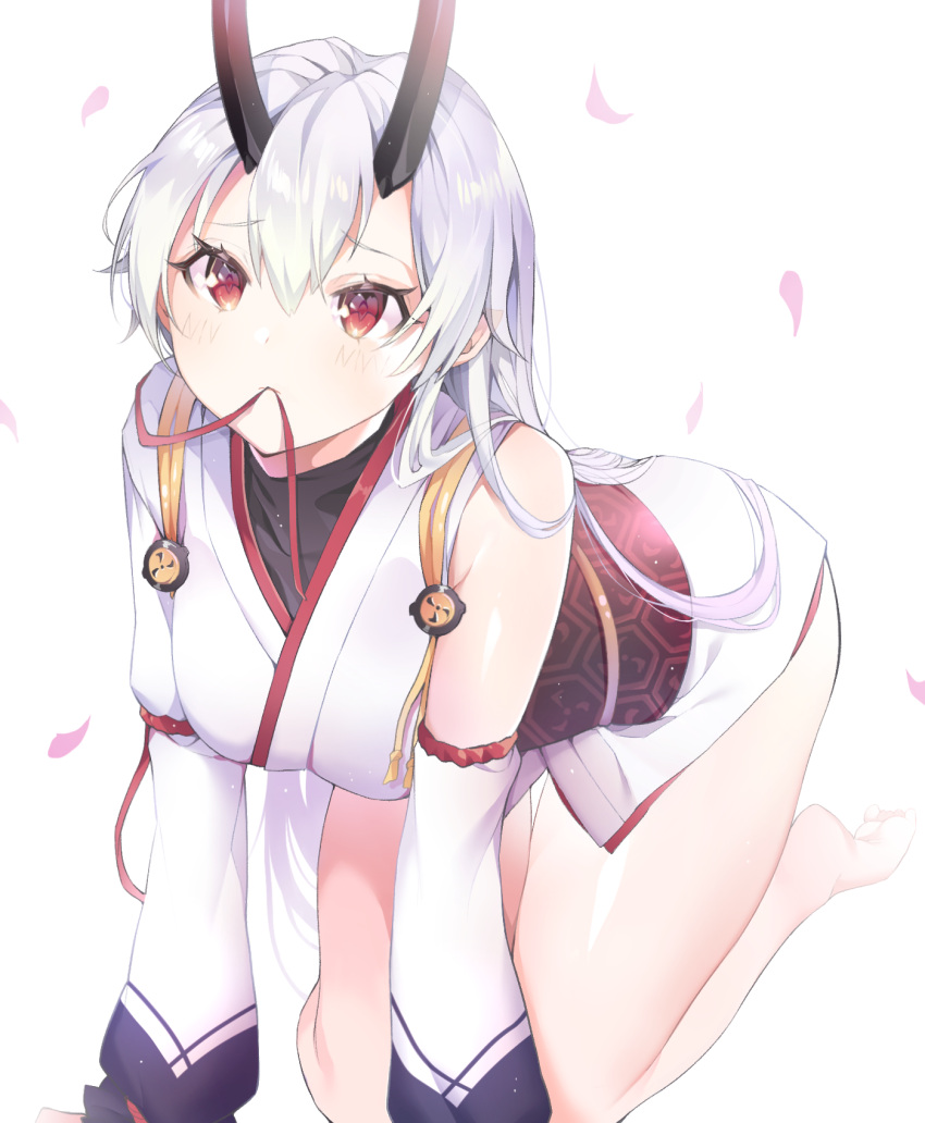 1girl all_fours bangs bare_shoulders blush breasts closed_mouth commentary_request cpqm detached_sleeves eyebrows_visible_through_hair fate/grand_order fate_(series) hair_between_eyes highres horns japanese_clothes kimono long_hair long_sleeves looking_at_viewer medium_breasts mouth_hold obi oni oni_horns petals puffy_long_sleeves puffy_sleeves red_eyes ribbon ribbon_in_mouth sash silver_hair simple_background sleeveless sleeveless_kimono solo tomoe_gozen_(fate/grand_order) very_long_hair white_background white_kimono white_sleeves