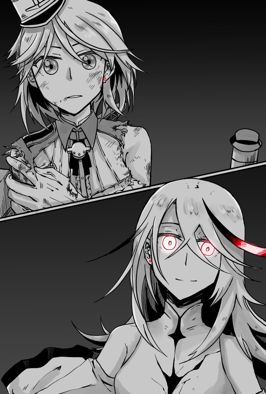 2girls abyssal_mediterranean_hime bangs breasts damaged detached_sleeves earrings giuseppe_garibaldi_(kantai_collection) gloves glowing glowing_eyes greyscale hat highres jewelry kantai_collection long_hair mini_hat monochrome multicolored_hair multiple_girls open_mouth rigging shinkaisei-kan short_hair single_earring smile spot_color streaked_hair tatsumi_(sekizu) torn_clothes