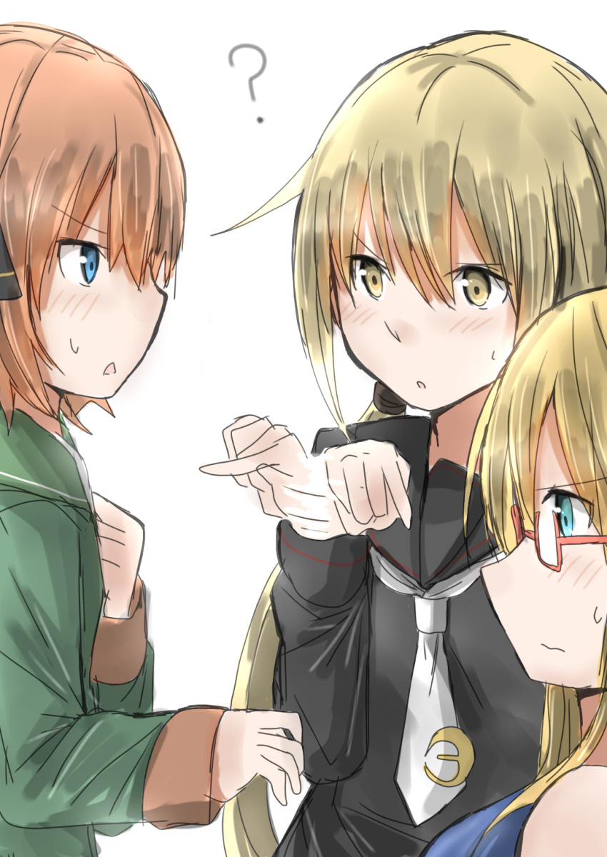 black_serafuku blonde_hair blue_eyes glasses hachijou_(kantai_collection) hand_on_own_chest highres i-8_(kantai_collection) kamaboko_senshi kantai_collection light_brown_hair long_hair pointing satsuki_(kantai_collection) school_uniform serafuku short_hair simple_background twintails yellow_eyes
