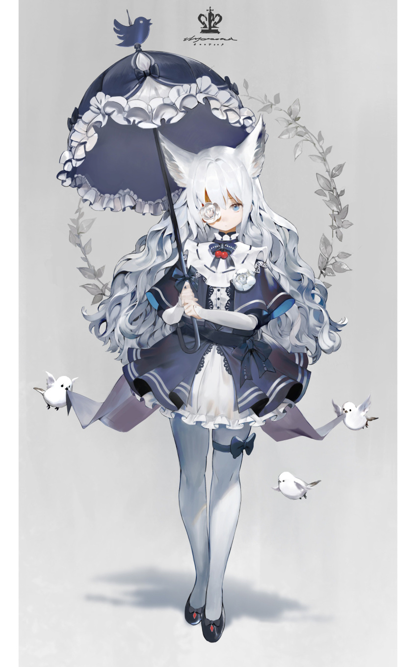 1girl absurdres animal animal_ears bird black_bow blue_eyes bow closed_mouth flower flying frilled_umbrella frills hairband highres holding holding_umbrella long_hair original rose shycocoa standing thigh-highs umbrella white_bird white_flower white_hairband white_legwear white_rose