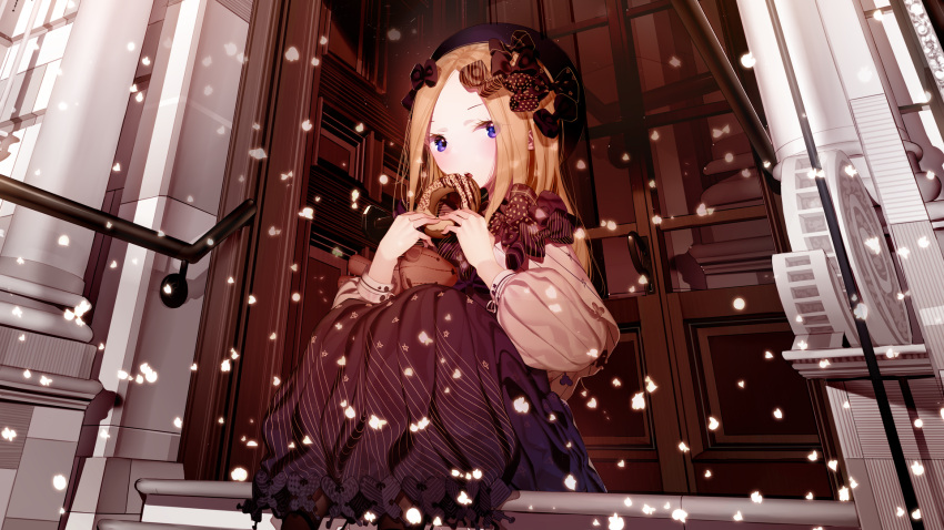 1girl abigail_williams_(fate/grand_order) atha_(leejuiping) bangs black_bow black_dress black_headwear black_legwear blonde_hair blue_eyes blush bow bug butterfly door doughnut dress fate/grand_order fate_(series) food forehead hair_bow hat highres holding holding_food insect long_hair long_sleeves looking_at_viewer orange_bow outdoors pantyhose parted_bangs parted_lips polka_dot polka_dot_bow puffy_long_sleeves puffy_sleeves sitting snow solo stuffed_animal stuffed_toy teddy_bear