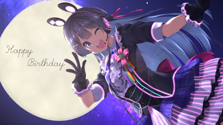 1girl animal_ears bangs black_gloves black_hair black_shirt blue_eyes blush brooch commentary dutch_angle frills gloves grey_skirt hair_ornament hairclip happy_birthday headset highres hoppege jewelry long_hair looking_at_viewer moon night nijisanji official_alternate_costume one_eye_closed open_mouth outdoors rabbit_ears shirt short_sleeves skirt smile solo tsukino_mito virtual_youtuber