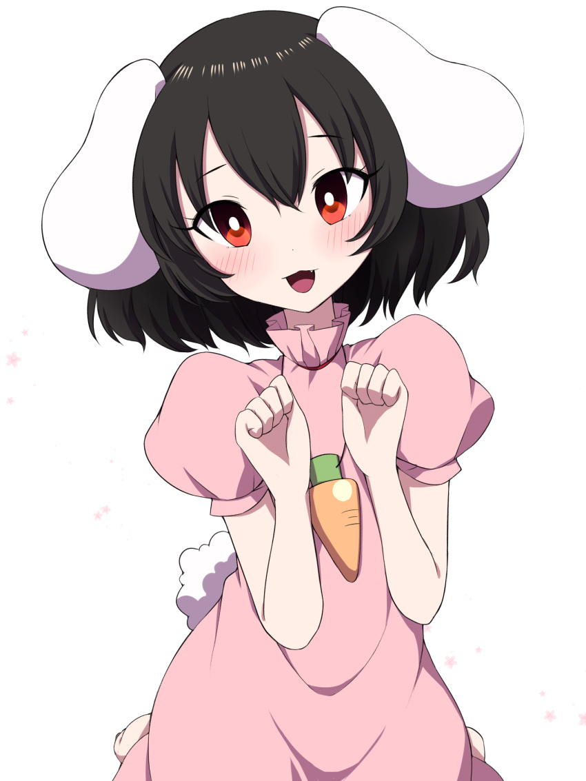 1girl :3 animal_ears arms_up barefoot black_hair blush bright_pupils bunny_tail carrot_necklace commentary_request dress fang floppy_ears hair_between_eyes head_tilt high_collar highres inaba_tewi open_mouth paw_pose pink_dress puffy_short_sleeves puffy_sleeves rabbit_ears red_eyes short_hair short_sleeves simple_background sitting solo tail touhou tsukimirin wariza white_background white_pupils