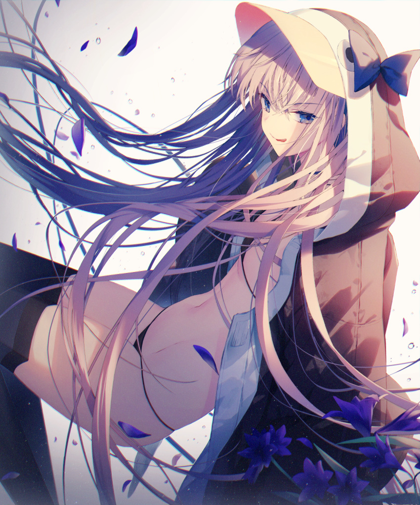 1girl :q animal_hood bangs bikini bikini_under_clothes black_bikini black_jacket black_legwear blue_bow blue_eyes blue_flower bow closed_mouth commentary eyebrows_visible_through_hair fate/grand_order fate_(series) flower grey_background hair_between_eyes highres hood hood_up hooded_jacket jacket kuro_futoshi looking_at_viewer meltryllis meltryllis_(swimsuit_lancer)_(fate) navel open_clothes open_jacket penguin_hood petals purple_hair skindentation smile solo swimsuit thigh-highs tongue tongue_out