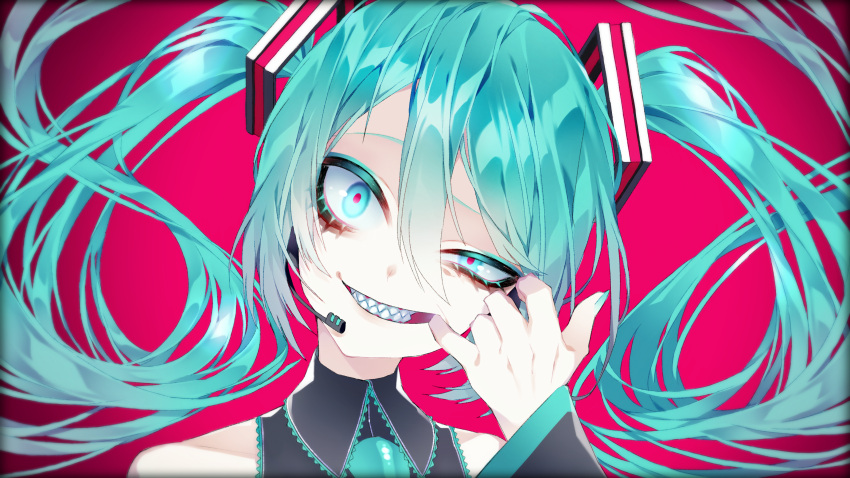 1055 1girl aqua_eyes aqua_hair black_shirt collared_shirt commentary_request crazy_smile face finger_in_mouth grin hair_between_eyes hand_up hatsune_miku head_tilt headset highres long_hair long_sleeves looking_at_viewer mouth_pull pink_background pink_pupils sharp_teeth shirt simple_background smile solo teeth twintails uneven_eyes upper_body vocaloid wavy_hair