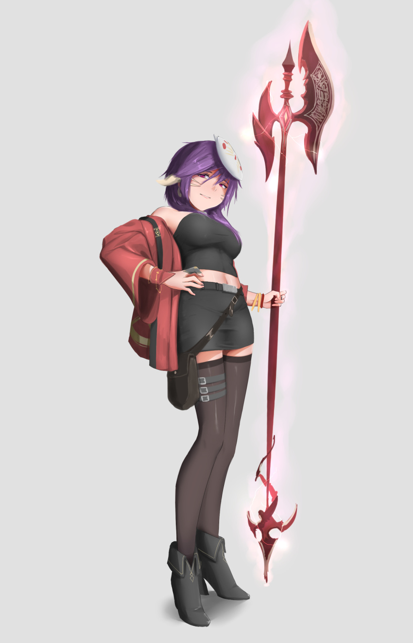 1girl absurdres bag bangs bare_shoulders black_footwear black_legwear black_shirt black_skirt commission copyright_request full-body grey_background hair_between_eyes halberd highres holding holding_spear holding_weapon horns jacket kofucchi long_sleeves navel pencil_skirt polearm purple_hair red_jacket shirt shoes simple_background skirt solo spear standing tachi-e thigh-highs weapon
