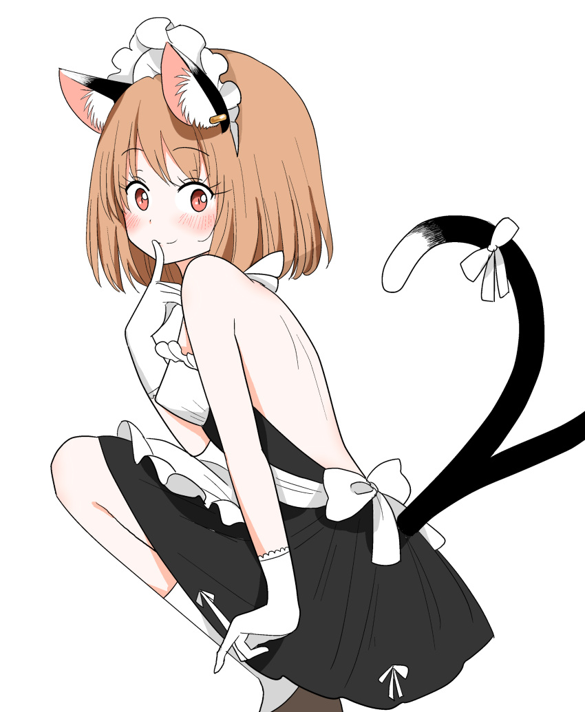 1girl alternate_costume animal_ear_fluff animal_ears backless_outfit bare_back bare_shoulders blush brown_hair cat_ears cat_tail chen commentary enmaided eyebrows_visible_through_hair eyes_visible_through_hair feet_out_of_frame finger_to_mouth from_side gloves highres jewelry looking_at_viewer looking_to_the_side maid maid_headdress medium_hair multiple_tails red_eyes ribbon shiisuu_rattamu simple_background single_earring smile solo squatting tail tail_ribbon touhou two_tails white_background white_gloves white_ribbon