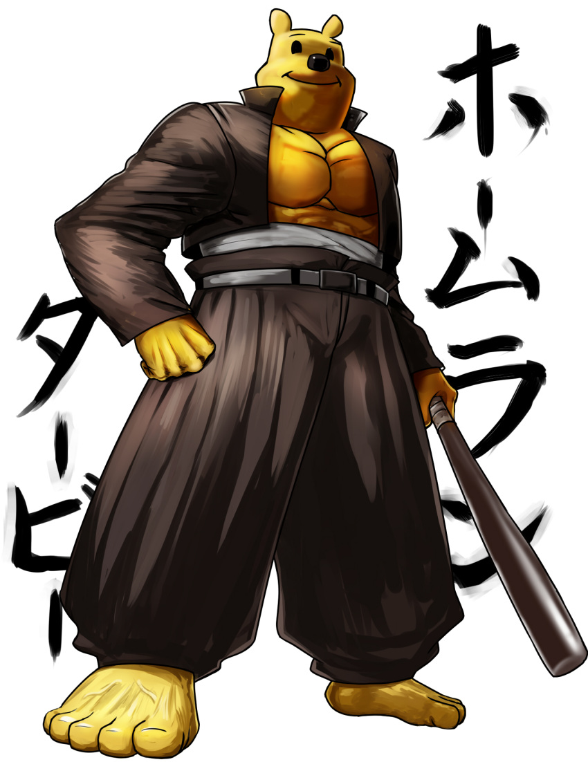 1boy abs animal baseball_bat bear black_eyes clenched_hand clothing_request cosplay disney hand_on_hip highres holding_baseball_bat kinzoku_bat kinzoku_bat_(cosplay) long_sleeves madhouse_(studio) muscle no_humans one-punch_man pooh shueisha smile solo standing taka_(takahirokun) what white_background winnie_the_pooh winnie_the_pooh's_home_run_derby yellow_skin