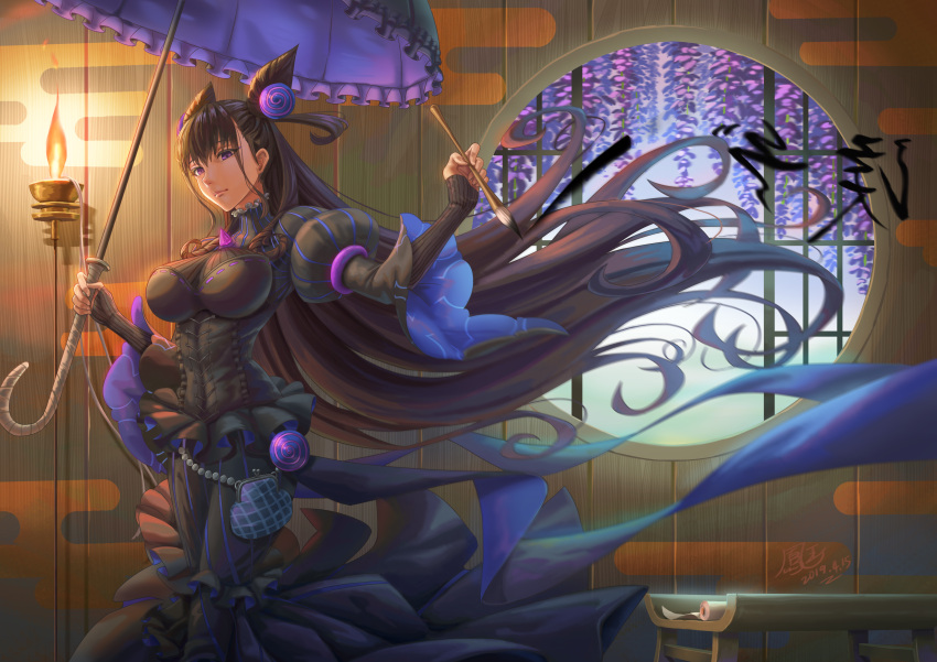 1girl absurdres bangs black_dress black_hair breasts brown_hair commentary_request dated double_bun dress eyebrows_visible_through_hair fate/grand_order fate_(series) frills hair_between_eyes hair_ornament highres ho-oh_(artist) large_breasts long_hair long_sleeves looking_at_viewer murasaki_shikibu_(fate) puffy_sleeves sleeves_past_wrists solo two_side_up umbrella very_long_hair violet_eyes