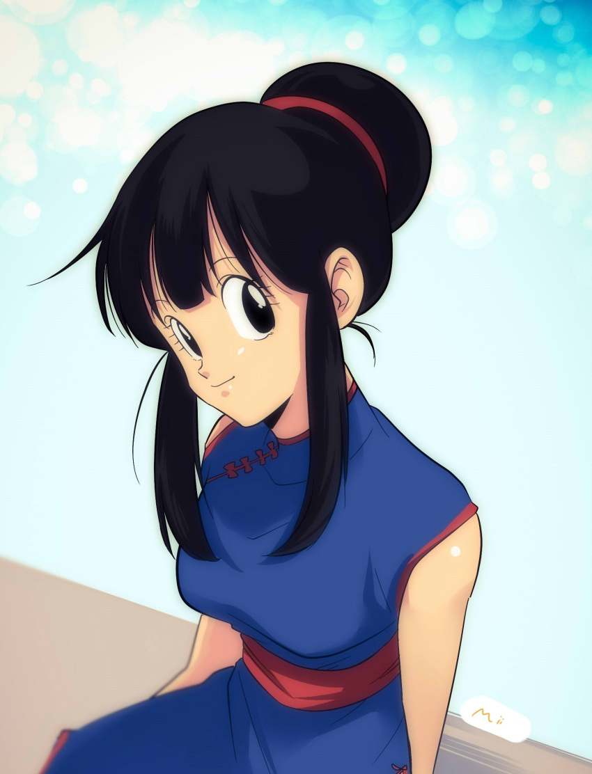 1girl 2525_mituki absurdres aqua_background arms_at_sides bangs bare_arms bare_shoulders black_eyes black_hair blue_background blue_dress blunt_bangs breasts chi-chi_(dragon_ball) china_dress chinese_clothes commentary_request dragon_ball dragon_ball_(classic) dress eyelashes gradient gradient_background hair_between_eyes hair_bun happy highres looking_away medium_breasts shiny shiny_skin simple_background sitting sleeveless sleeveless_dress smile solo upper_body white_background