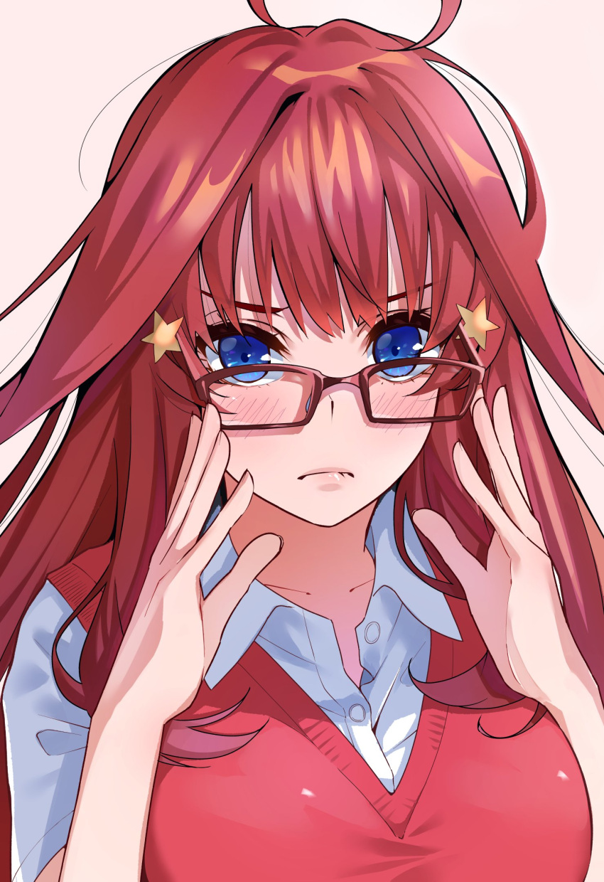 1girl ahoge bangs blue_eyes blush breasts closed_mouth collared_shirt commentary_request dress_shirt glasses go-toubun_no_hanayome hair_between_eyes hair_ornament highres igarashi_kyouhei large_breasts long_hair looking_at_viewer nakano_itsuki red-framed_eyewear red_sweater red_vest redhead shirt short_sleeves star star_hair_ornament sweater sweater_vest vest white_shirt