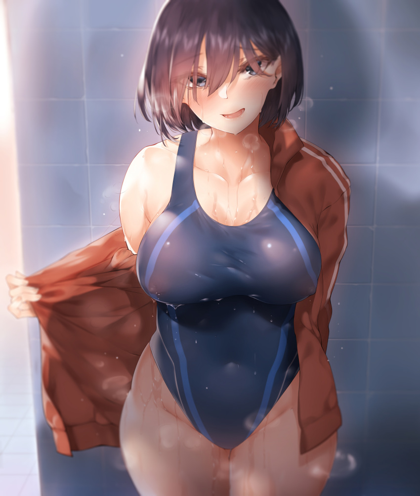 1girl :d absurdres bababababan bangs bare_shoulders black_hair blush breasts collarbone commentary_request covered_nipples grey_eyes hair_between_eyes hair_over_eyes highres hip_focus indoors jacket large_breasts one-piece_swimsuit open_clothes open_jacket open_mouth original see-through short_hair smile standing swimsuit thighs tile_floor tile_wall tiles wet