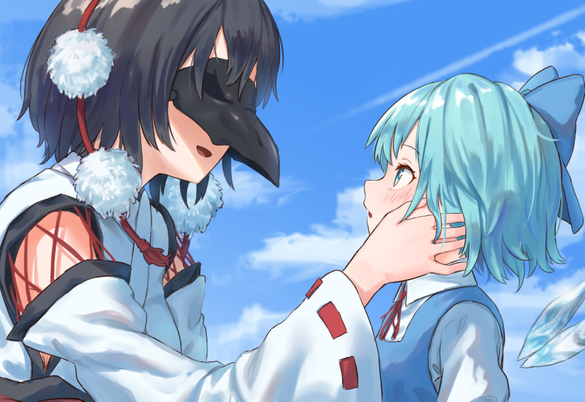 2girls :d alternate_costume bangs bird_mask black_hair blue_bow blue_dress blue_eyes blue_hair blue_sky blush bow breasts cirno clouds commentary_request condensation_trail crow_mask day dress from_side hair_bow ice ice_wings japanese_clothes kimono kourindou_tengu_costume long_sleeves looking_at_another mask medium_breasts multiple_girls open_mouth outdoors parted_lips pinafore_dress pom_pom_(clothes) profile puffy_short_sleeves puffy_sleeves ribbon-trimmed_sleeves ribbon_trim roke_(taikodon) shameimaru_aya shirt short_hair short_sleeves sky smile tassel touhou upper_body white_kimono white_shirt wide_sleeves wings yuri