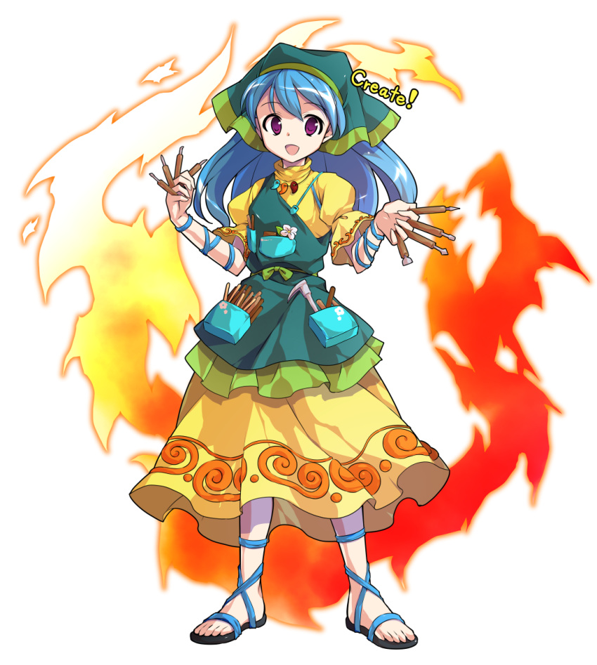 1girl :d alphes_(style) apron arm_ribbon between_fingers blue_hair blue_ribbon chisel commentary_request dairi dress eyebrows_visible_through_hair fire flower full_body green_apron haniyasushin_keiki head_scarf highres jewelry long_hair looking_at_viewer magatama magatama_necklace necklace open_mouth parody pocket puffy_short_sleeves puffy_sleeves ribbon sandals short_sleeves smile solo standing style_parody tachi-e tools touhou transparent_background violet_eyes yellow_dress