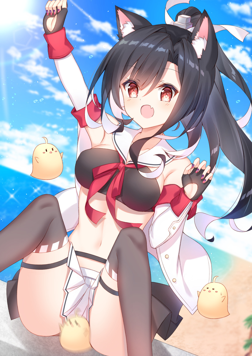 1girl :o absurdres animal animal_ear_fluff animal_ears arm_up azur_lane bangs bird black_gloves black_hair black_legwear black_panties blue_sky blurry blurry_background blush breasts chick clouds collarbone commentary_request crop_top day depth_of_field eyebrows_visible_through_hair fang fingerless_gloves fingernails gloves hair_between_eyes high_ponytail highres jacket knees_up long_hair long_sleeves manjuu_(azur_lane) medium_breasts motion_blur multicolored multicolored_nails navel off_shoulder open_clothes open_jacket open_mouth outdoors outstretched_arm panties pleated_skirt ponytail purple_nails red_eyes red_nails sailor_collar shigure_(azur_lane) sidelocks skirt sky solo takeg05 thigh-highs underwear very_long_hair white_jacket white_sailor_collar white_skirt wolf_ears