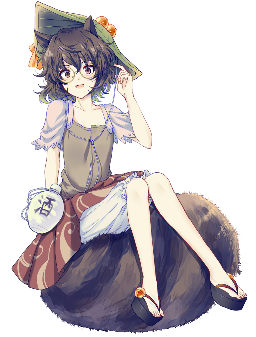 1girl :d animal_ears bangs bell black_footwear bloomers blush bottle brown_eyes brown_hair brown_shirt brown_skirt collarbone eyebrows_visible_through_hair full_body futatsuiwa_mamizou glasses hair_between_eyes hand_up hat hat_ribbon highres jingle_bell leaf_hat looking_at_viewer open_mouth raccoon_ears raccoon_tail ribbon round_eyewear sake_bottle sandals shirt short_hair short_sleeves simple_background sitting sitting_on_tail skirt smile solo tail touhou translated underwear uranaishi_(miraura) white_background white_bloomers yellow_ribbon