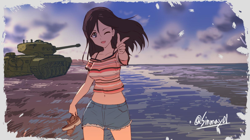1girl black_hair blue_eyes blue_shorts blue_sky brown_footwear casual clouds cloudy_sky commentary cutoffs day denim denim_shorts girls_und_panzer ground_vehicle highres holding holding_shoes long_hair m26_pershing megumi_(girls_und_panzer) midriff military military_vehicle motor_vehicle navel one_eye_closed open_mouth outdoors pink_shirt pointing pointing_at_viewer sandals shinmai_(kyata) shirt shoes short_shorts short_sleeves shorts sky smile solo striped striped_shirt tank twitter_username wind