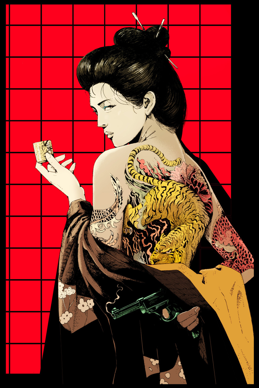 1girl absurdres arm_behind_back back back_tattoo bare_back bare_shoulders black_hair commentary cowboy_shot cup dragon_tattoo finger_on_trigger floral_print from_behind gun hair_ornament hair_stick handgun highres holding holding_cup holding_gun holding_weapon irezumi japanese_clothes kimono kimono_pull kudamono790 looking_at_viewer looking_back makeup mascara nihongami off_shoulder original parted_lips pistol red_background smoke smoking_gun solo standing tattoo tiger_tattoo topless weapon yakuza